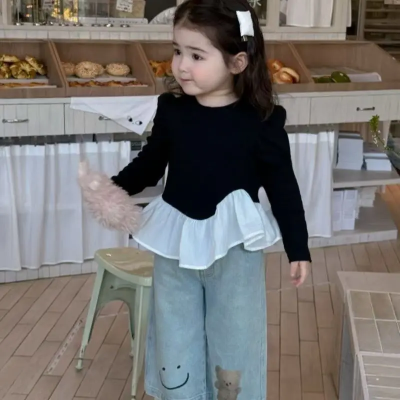 Girl'S Princess 2pcs Sets Spring Autumn New Children'S Ruffled Style Top T-Shirt + Bear Jeans Suit Kids