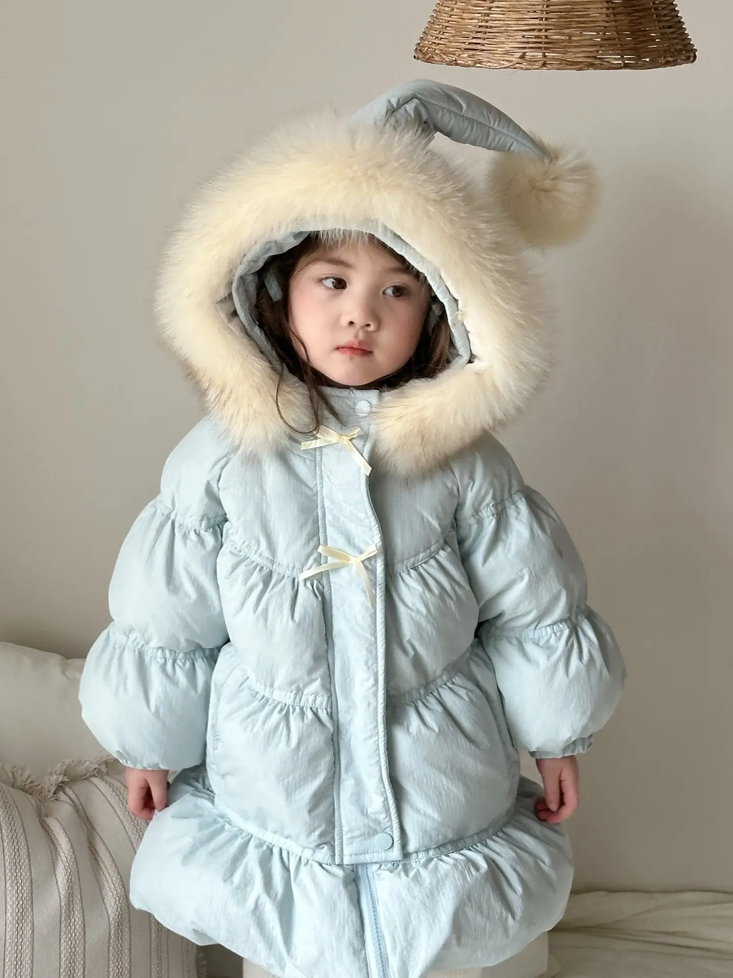 Girl's Sweet Hooded Bow Down Jacket Winter Children Infants Kids 90 White Duck Down Coat Fur Collar Children's Clothing