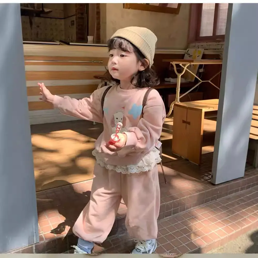 Girl's Sweet Sets Children Kids Infants baby Cartoon Pullover Hoodie+Iace Sweatpants 2Pcs Suit