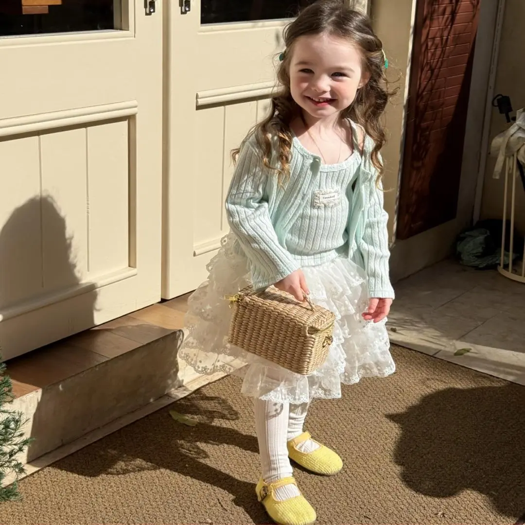 Girls' Lace Princess Set Spring Summer Halter Cardigan Gauze Skirt 3Pcs Children's Outfit with Cake Design Half Skirt