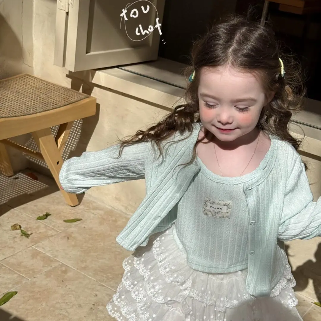 Girls' Lace Princess Set Spring Summer Halter Cardigan Gauze Skirt 3Pcs Children's Outfit with Cake Design Half Skirt
