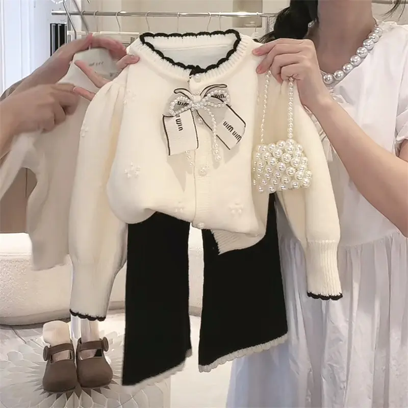 Girl's Knit Set Spring Autumn Children Kids Infants Sweet Bow Knitted Sweater Coat + Bell Bottoms 2pcs Set