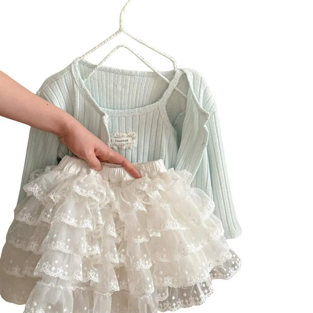 Girls' Lace Princess Set Spring Summer Halter Cardigan Gauze Skirt 3Pcs Children's Outfit with Cake Design Half Skirt
