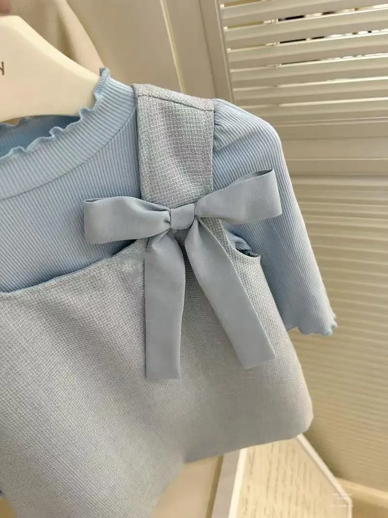 Girl's Sweet 2-Piece Set, Children Kids Baby Infants Shirt+BowVest Sundress, Spring, Autumn