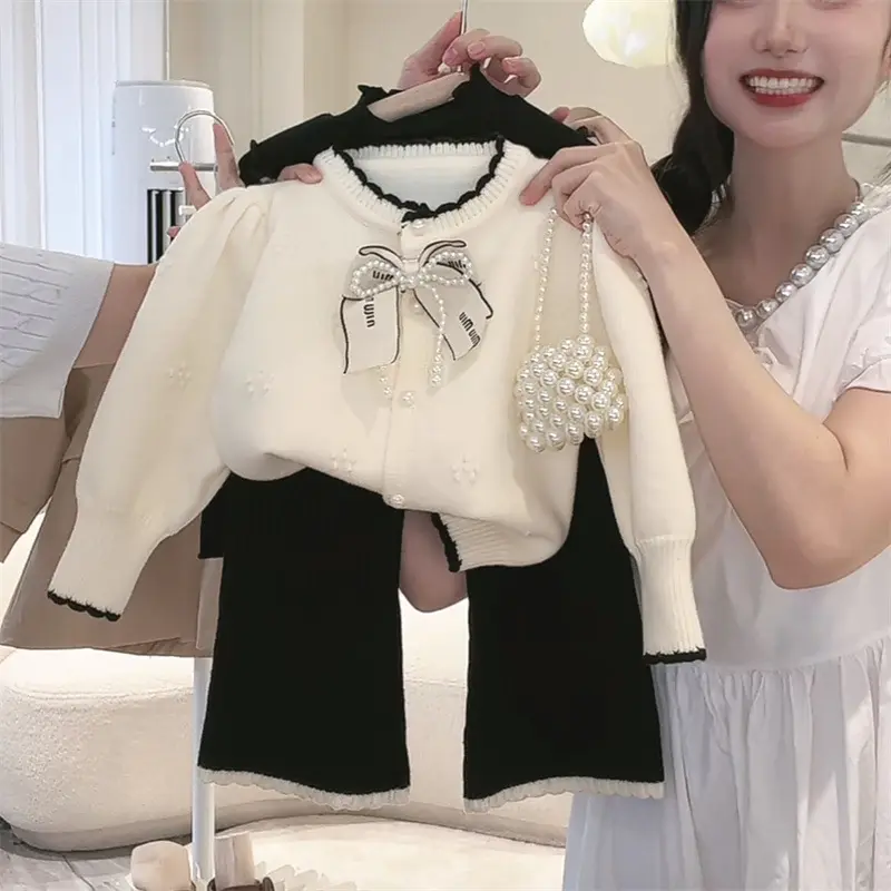 Girl's Knit Set Spring Autumn Children Kids Infants Sweet Bow Knitted Sweater Coat + Bell Bottoms 2pcs Set