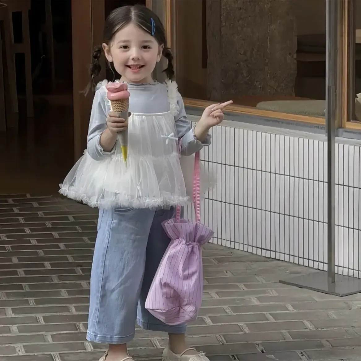 Girl's Sweet Princess 3pcs Set Spring New Lace Bow Vest Halter Top T-Shirt Jeans Outfit for Kids