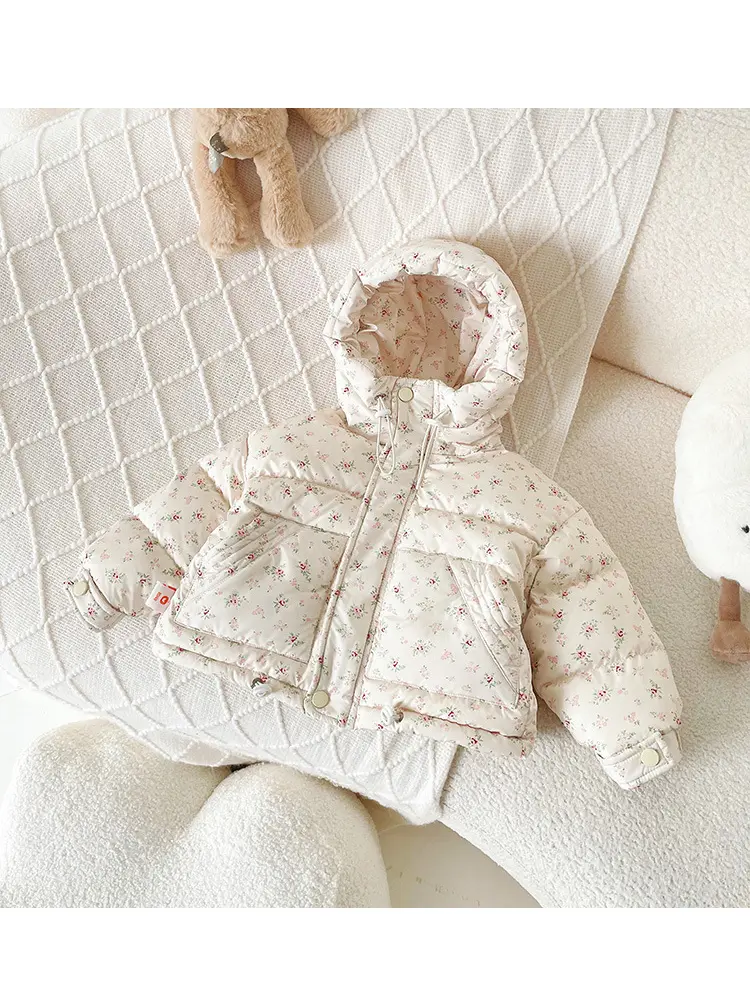 Girl‘s Sweet Down Jacket Children Infants Kids Winter National Standard 90 White Duck Down Floral Hooded Coat