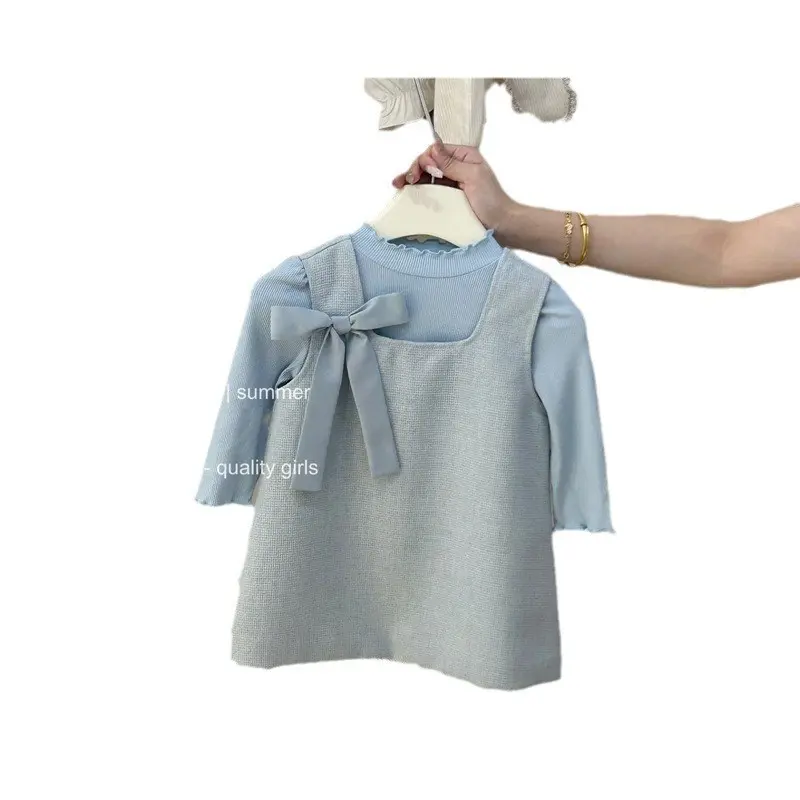 Girl's Sweet 2-Piece Set, Children Kids Baby Infants Shirt+BowVest Sundress, Spring, Autumn