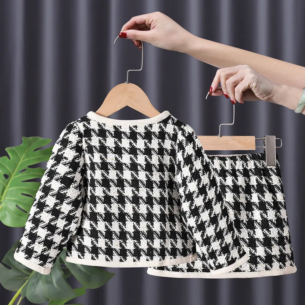 Fashion Girls Princess Plaided Clothes Set Autumn Baby Children Long Sleeve Coat Outwear+Skirt 2pcs Sweet Suit Kids