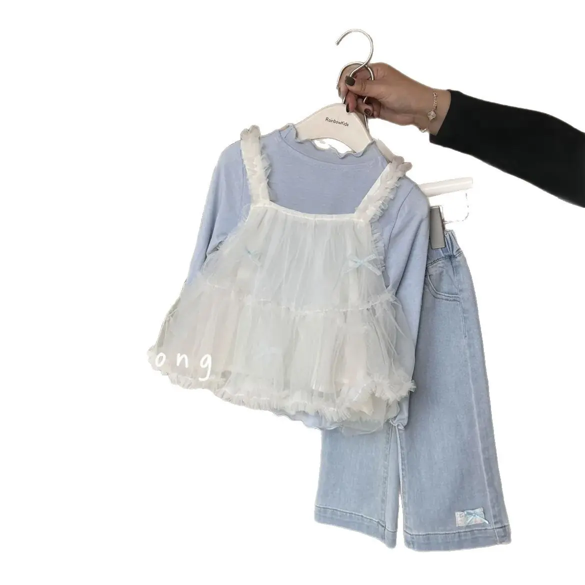 Girl's Sweet Princess 3pcs Set Spring New Lace Bow Vest Halter Top T-Shirt Jeans Outfit for Kids