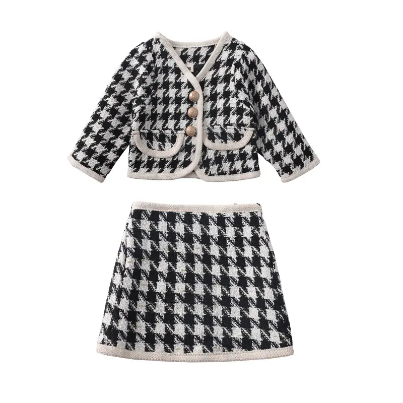 Fashion Girls Princess Plaided Clothes Set Autumn Baby Children Long Sleeve Coat Outwear+Skirt 2pcs Sweet Suit Kids