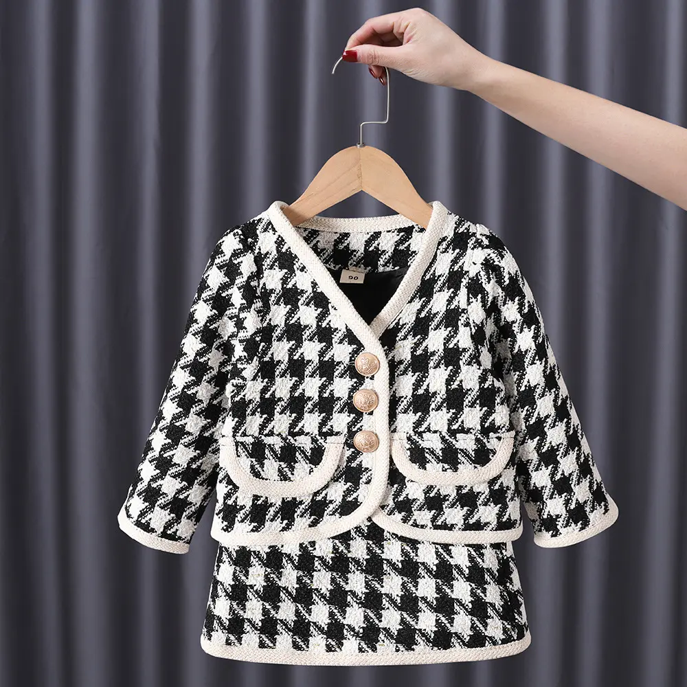 Fashion Girls Princess Plaided Clothes Set Autumn Baby Children Long Sleeve Coat Outwear+Skirt 2pcs Sweet Suit Kids