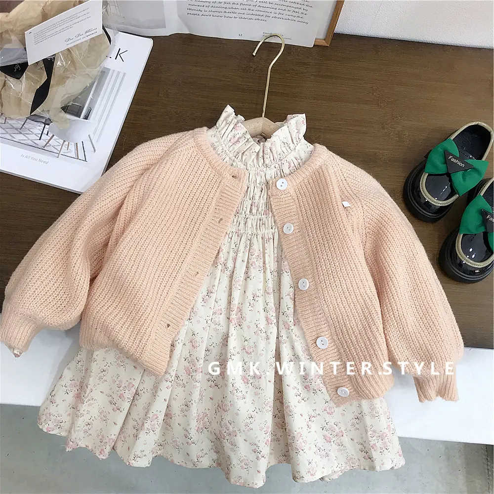 Girl's Sweet Suit Autumn Children Kids Infants Knit Puffed Sleeve Sweater Coat + Floral Dress 2pcs Sets