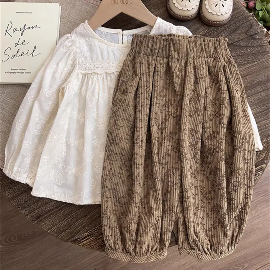 Girls Sweet Suits Spring Autumn Children Baby Kids Long-Sleeved Embroidery Temperament Lace Shirt Fragmented Trouser Set