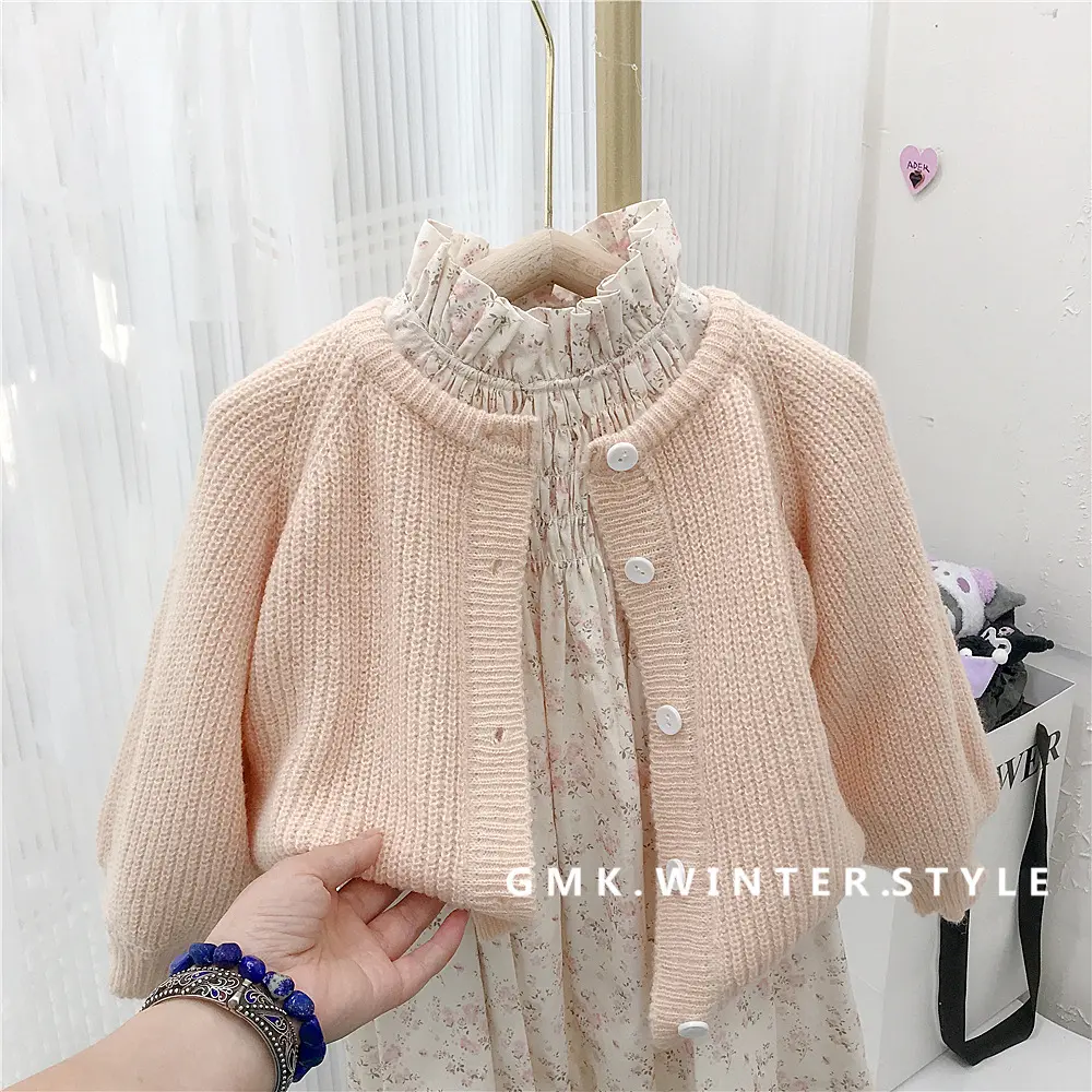 Girl's Sweet Suit Autumn Children Kids Infants Knit Puffed Sleeve Sweater Coat + Floral Dress 2pcs Sets