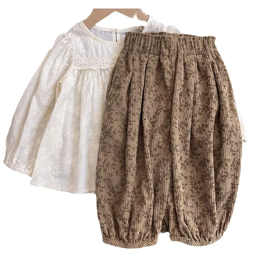 Girls Sweet Suits Spring Autumn Children Baby Kids Long-Sleeved Embroidery Temperament Lace Shirt Fragmented Trouser Set
