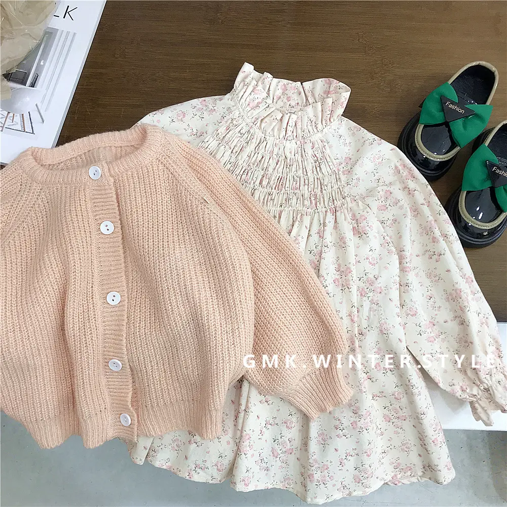 Girl's Sweet Suit Autumn Children Kids Infants Knit Puffed Sleeve Sweater Coat + Floral Dress 2pcs Sets