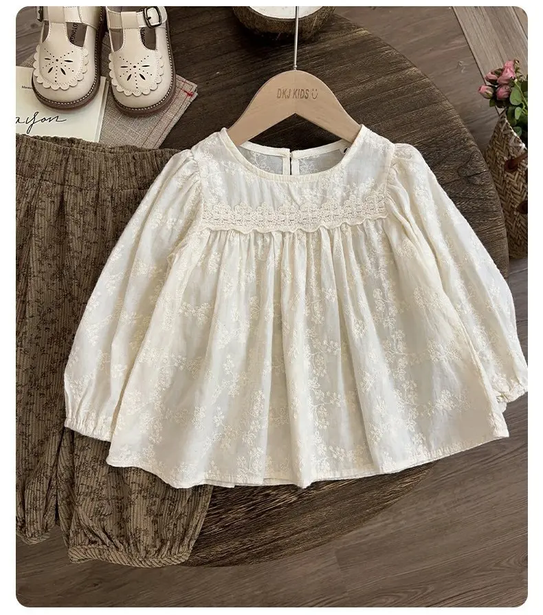 Girls Sweet Suits Spring Autumn Children Baby Kids Long-Sleeved Embroidery Temperament Lace Shirt Fragmented Trouser Set