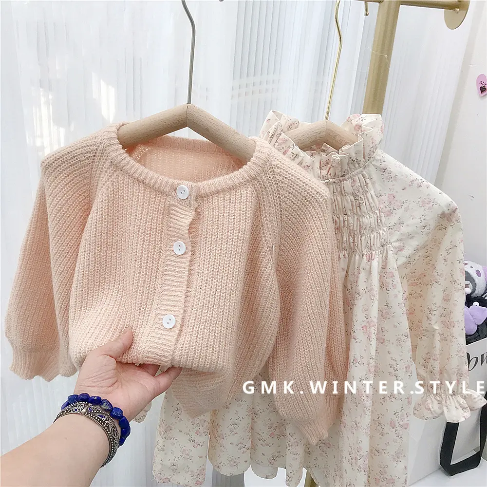 Girl's Sweet Suit Autumn Children Kids Infants Knit Puffed Sleeve Sweater Coat + Floral Dress 2pcs Sets