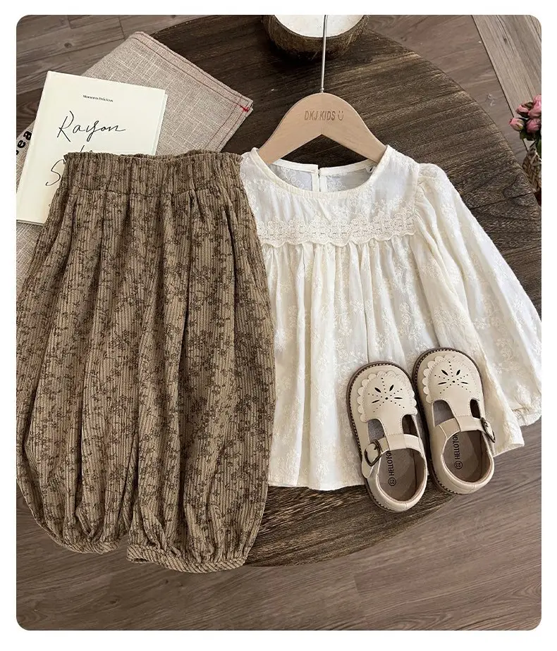 Girls Sweet Suits Spring Autumn Children Baby Kids Long-Sleeved Embroidery Temperament Lace Shirt Fragmented Trouser Set