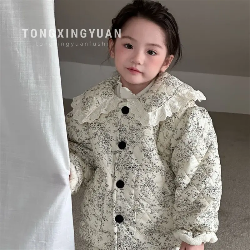 Girl's Pajamas Printing Sets Children Kids Infants Winter Thickened Cotton-padded Clothes 2Pcs Suit Baby