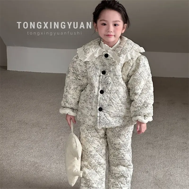 Girl's Pajamas Printing Sets Children Kids Infants Winter Thickened Cotton-padded Clothes 2Pcs Suit Baby
