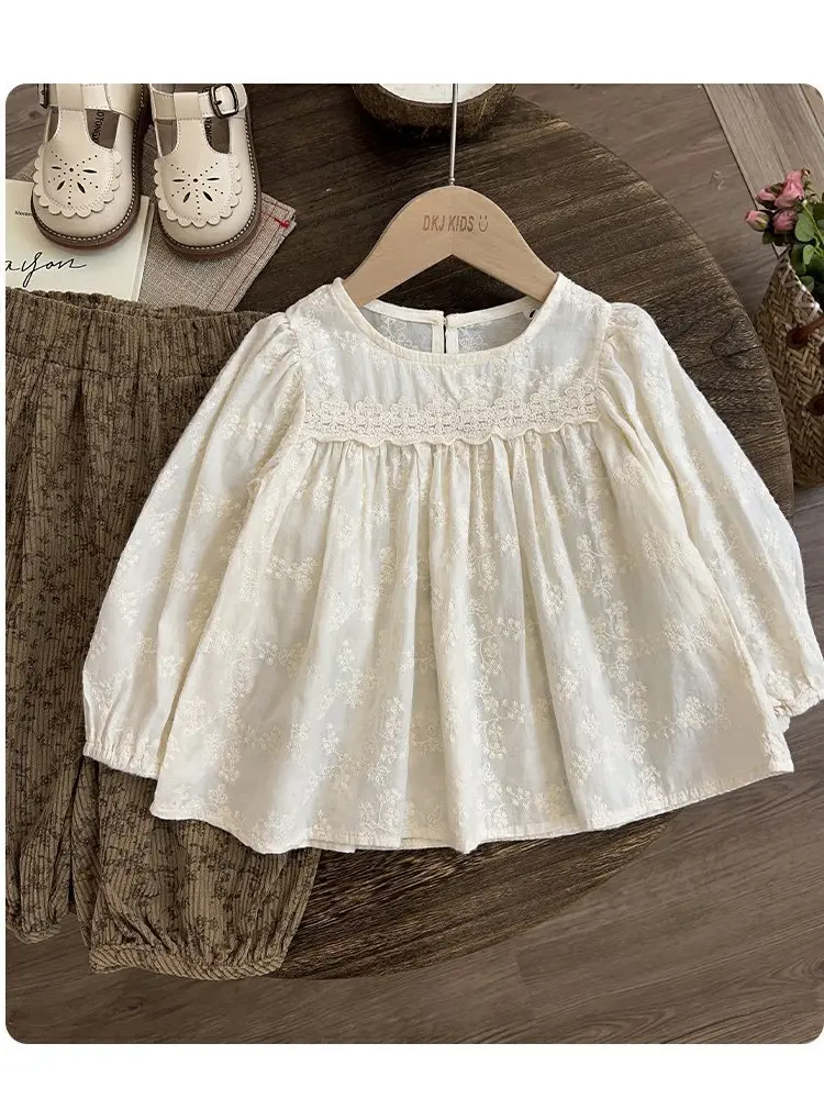 Girls Sweet Suits Spring Autumn Children Baby Kids Long-Sleeved Embroidery Temperament Lace Shirt Fragmented Trouser Set