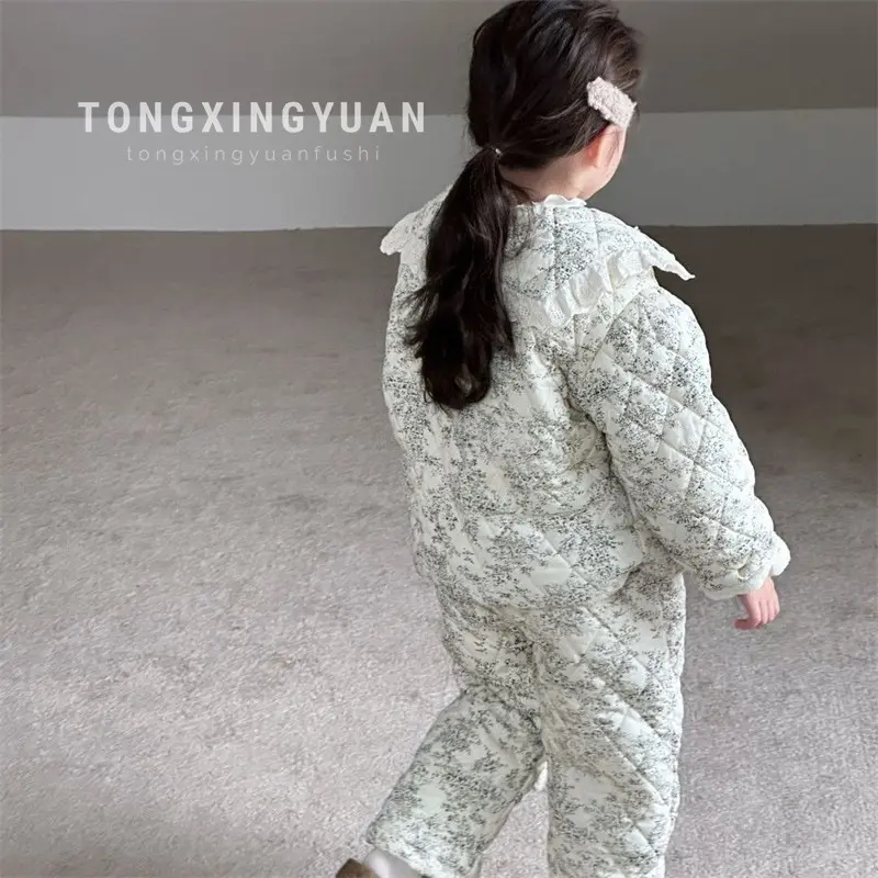 Girl's Pajamas Printing Sets Children Kids Infants Winter Thickened Cotton-padded Clothes 2Pcs Suit Baby