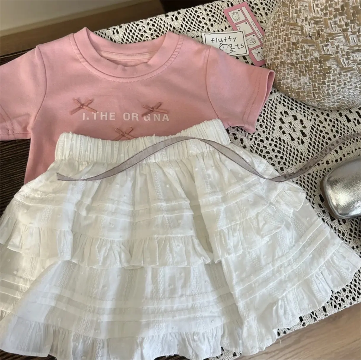 Girl's Sweet 2Pcs Set Summer Children Infants Kids Baby Ballet Princess Bow Top T-shirt+Flower Bud Skirt Suits