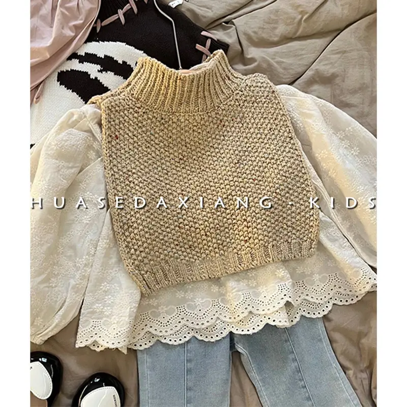 Children's Spring Autumn Fashion Jeans Knitted Shawl Children's Clothing New Girl Retro Set