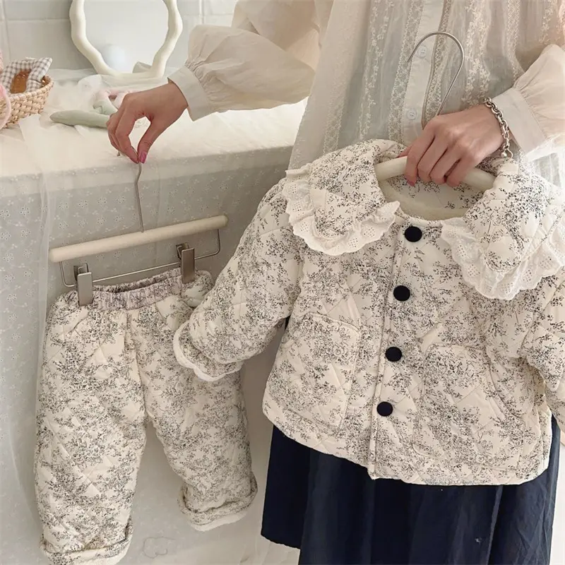 Girl's Pajamas Printing Sets Children Kids Infants Winter Thickened Cotton-padded Clothes 2Pcs Suit Baby