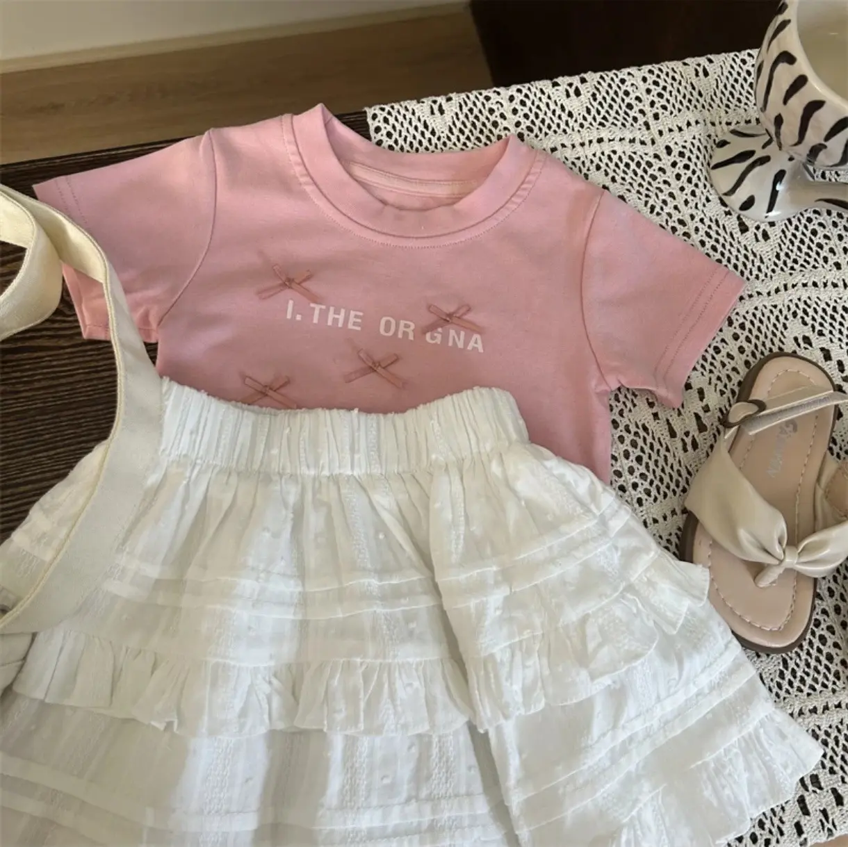 Girl's Sweet 2Pcs Set Summer Children Infants Kids Baby Ballet Princess Bow Top T-shirt+Flower Bud Skirt Suits