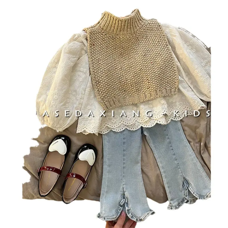 Children's Spring Autumn Fashion Jeans Knitted Shawl Children's Clothing New Girl Retro Set