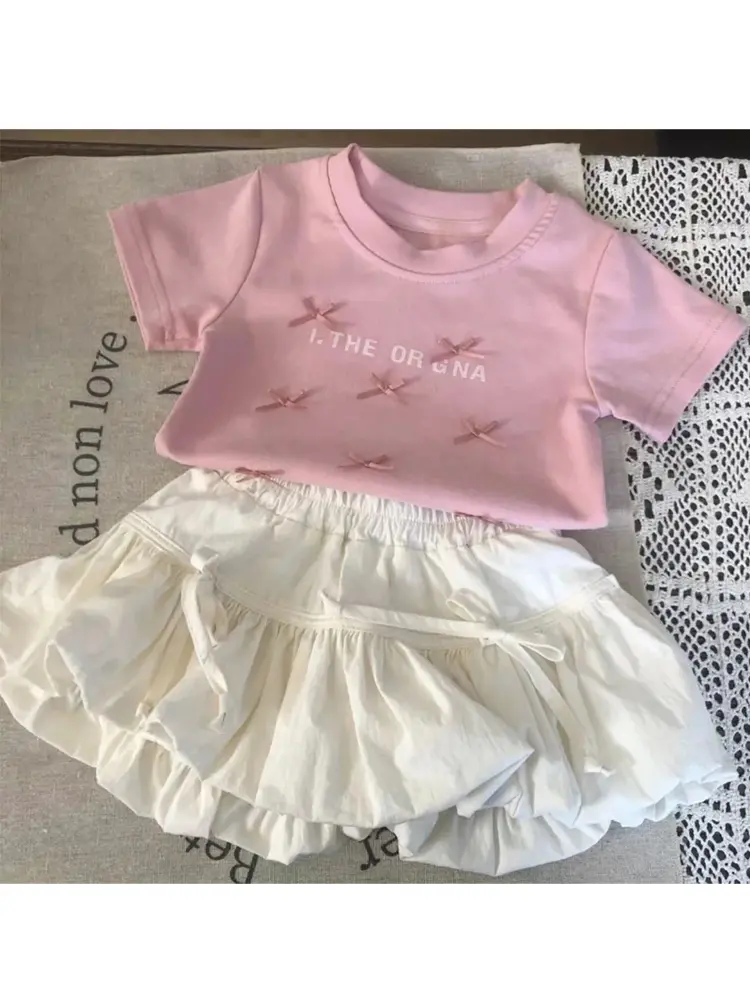 Girl's Sweet 2Pcs Set Summer Children Infants Kids Baby Ballet Princess Bow Top T-shirt+Flower Bud Skirt Suits