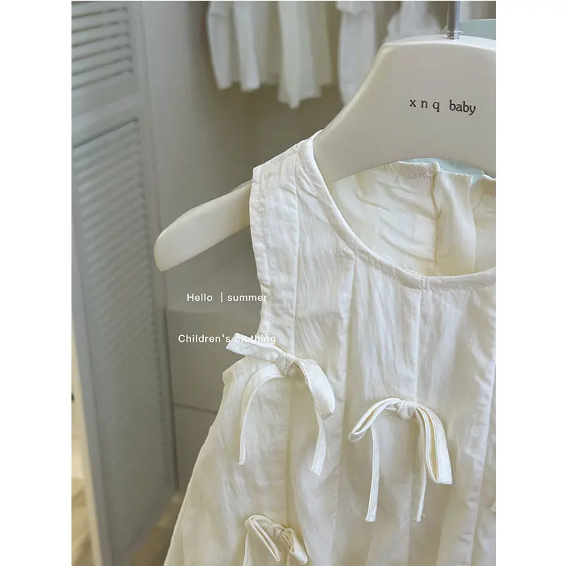 Girl's Sweet Wearing French Dress Baby Summer Sleeveless Western-style Solid Color Bow Vest Dress