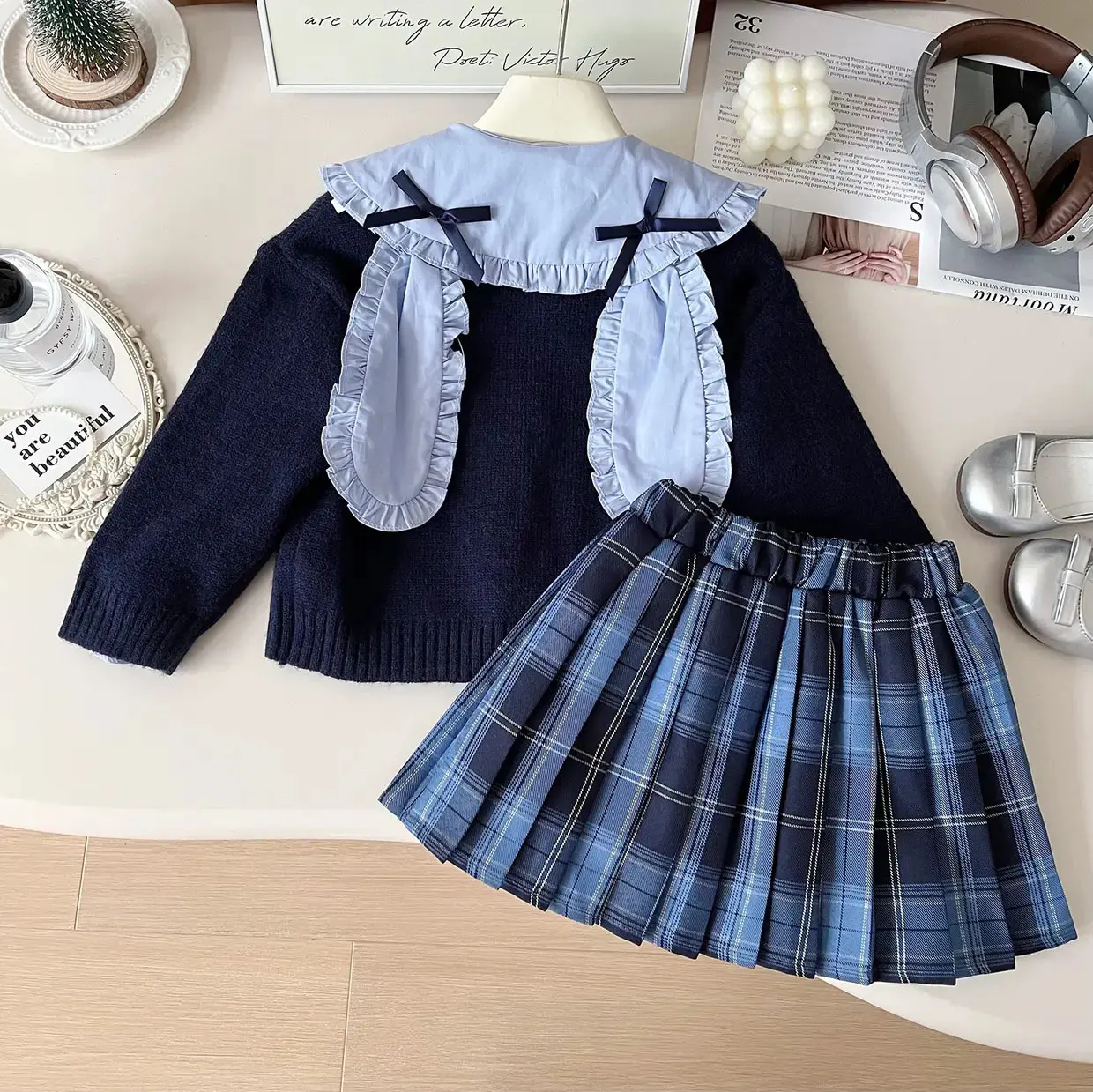 Girl's Sweet 3pcs Sets Autumn Winter Children Kids Infants Rabbit Shirt+ Sweater+ Pleated Skirt 3Pcs Set Girl Outfit Suit
