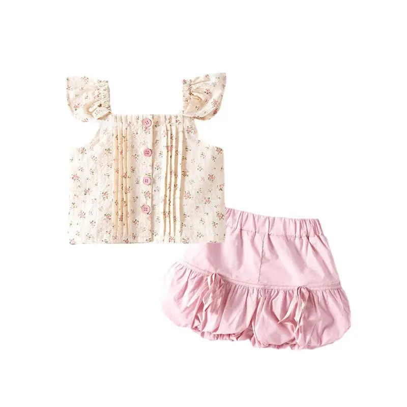 Girl's Sweet Sets Summer Children Infants Kids Baby Floral Suspender Top+Flower Bud Shorts 2Pcs Suit