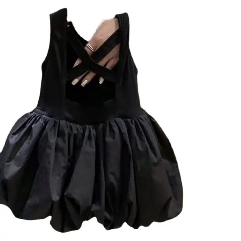 Black Backless Sleeveless Princess Dress for Girls Summer Vest Flower Bud Baby Girl Dress