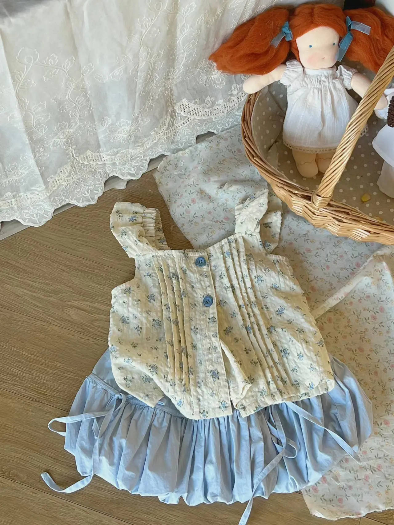 Girl's Sweet Sets Summer Children Infants Kids Baby Floral Suspender Top+Flower Bud Shorts 2Pcs Suit