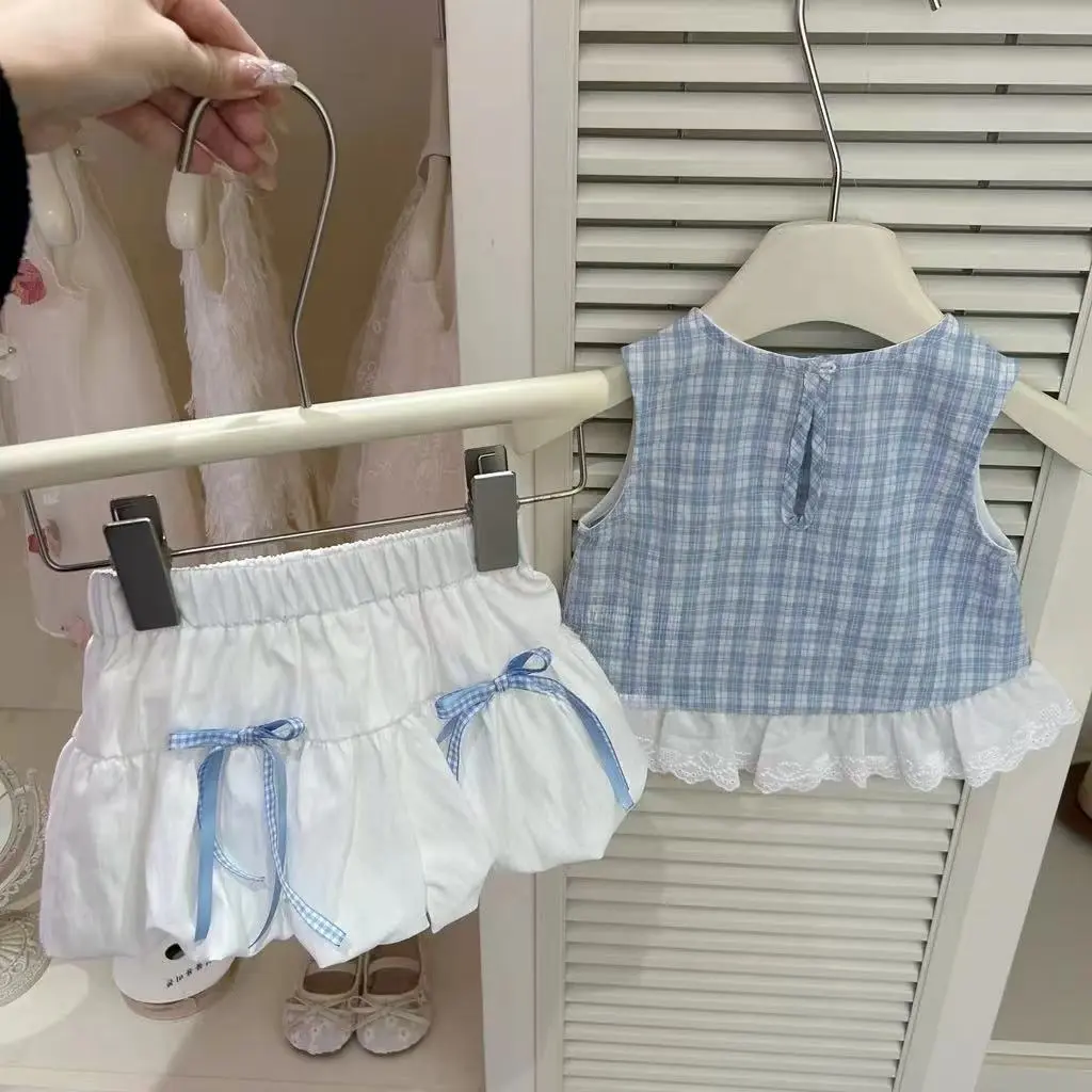 Girls Summer Blue Plaid Bow Bract Top Cute Two-Piece Suit Set - Outfit for Little Fashionistas