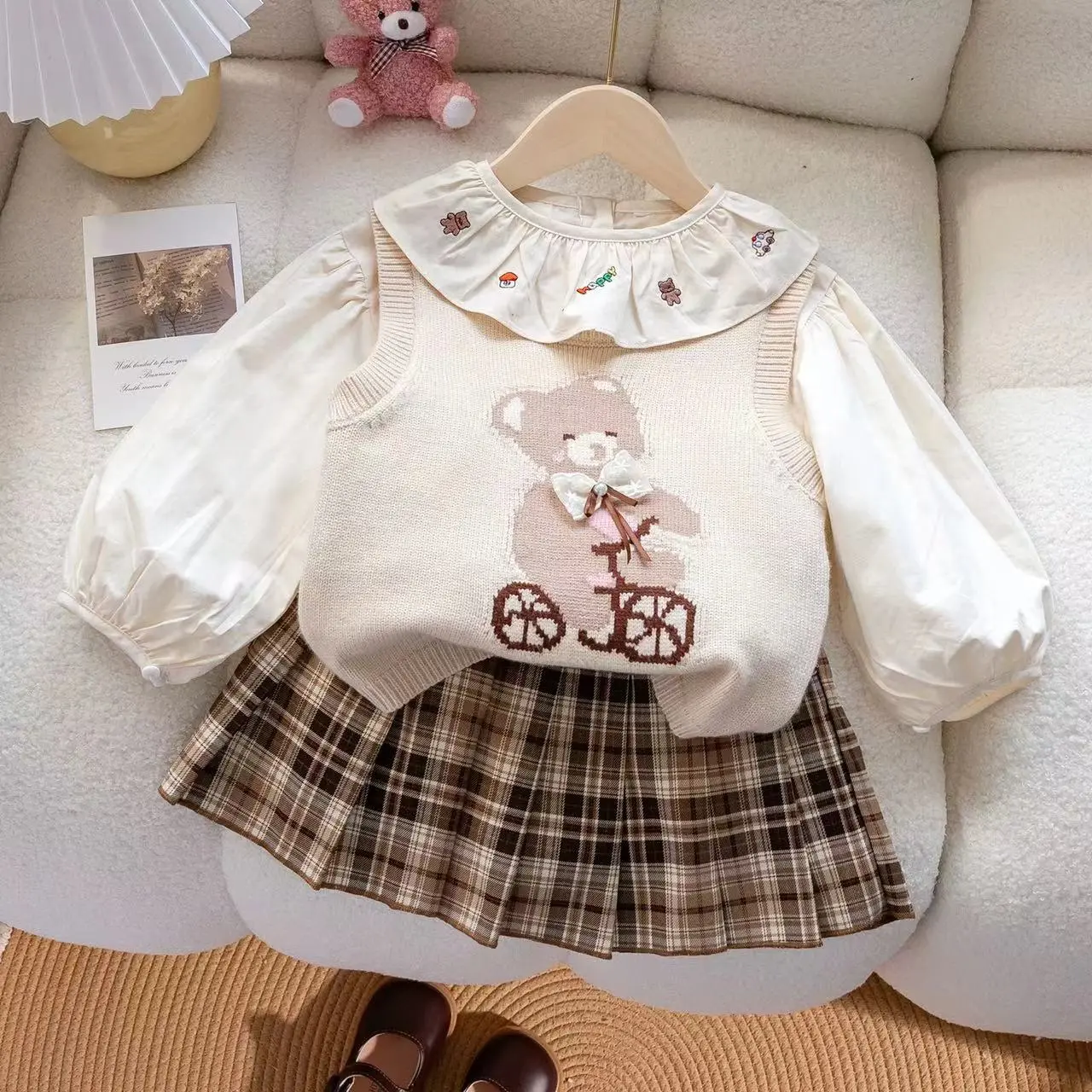 Girls 3pcs Set Sweet Knitted Waistcoat Shirt Cartoon Vest Pleated Skirt Autumn Children Kids Infants Outfit