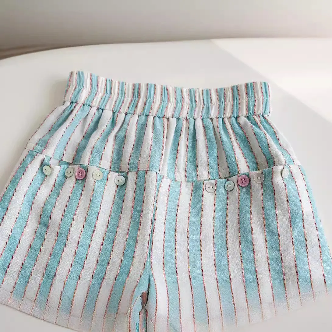 Girls Summer Short-Sleeve T-Shirt Set Versatile Loose Casual Top with Nine-Inch Striped Wide-Leg Pants Children's Outfit