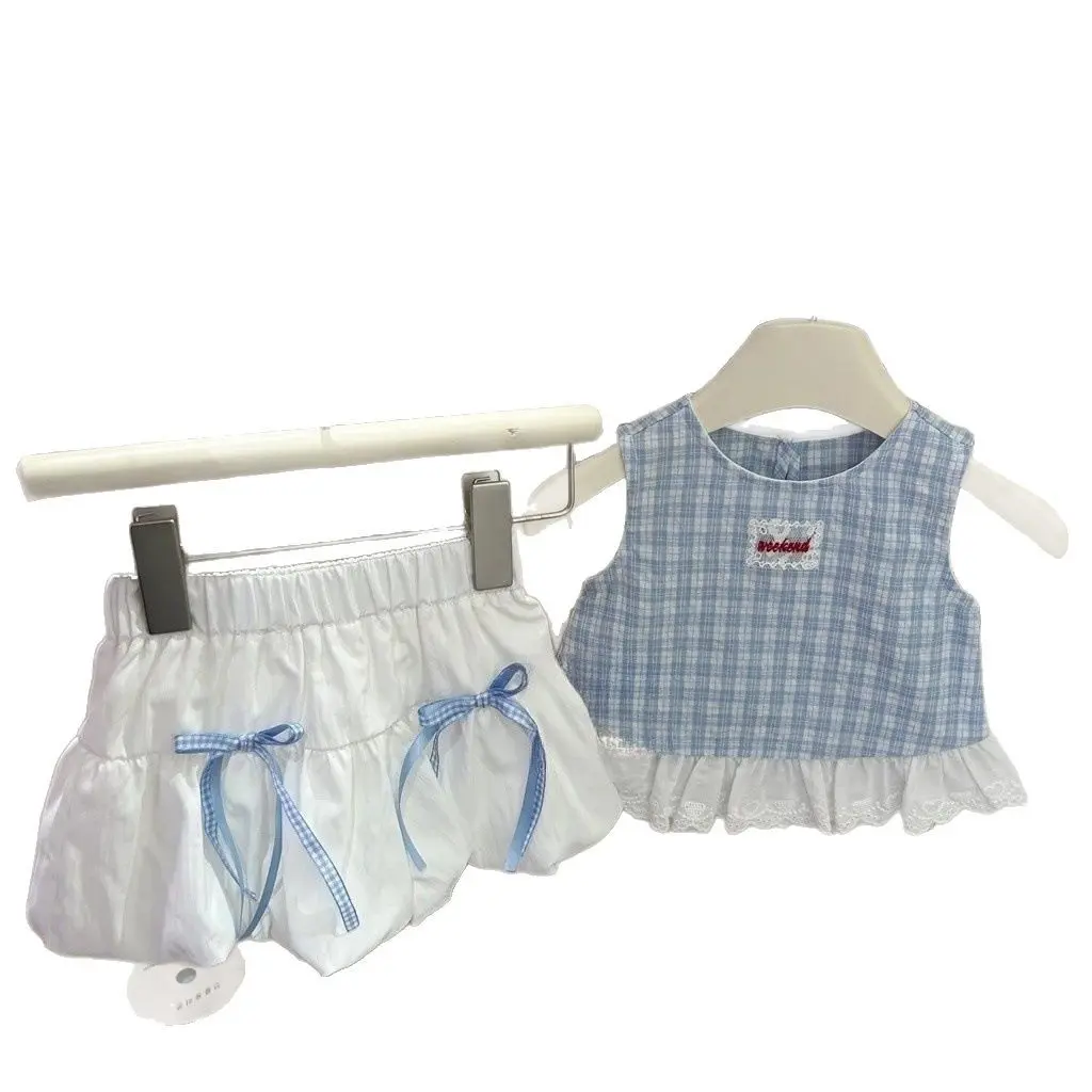 Girls Summer Blue Plaid Bow Bract Top Cute Two-Piece Suit Set - Outfit for Little Fashionistas