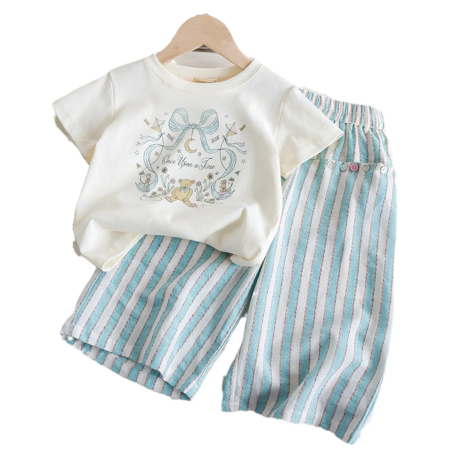Girls Summer Short-Sleeve T-Shirt Set Versatile Loose Casual Top with Nine-Inch Striped Wide-Leg Pants Children's Outfit