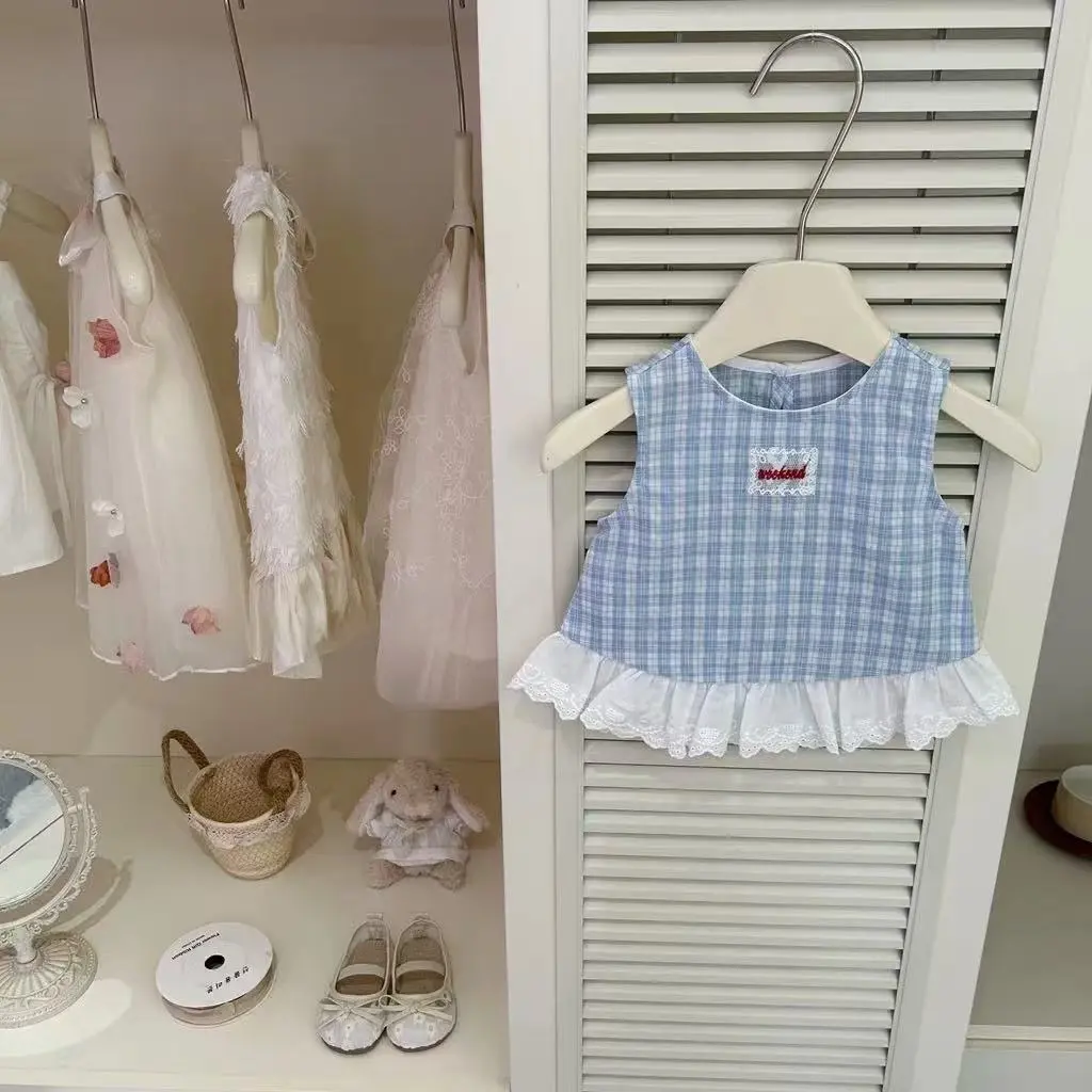 Girls Summer Blue Plaid Bow Bract Top Cute Two-Piece Suit Set - Outfit for Little Fashionistas