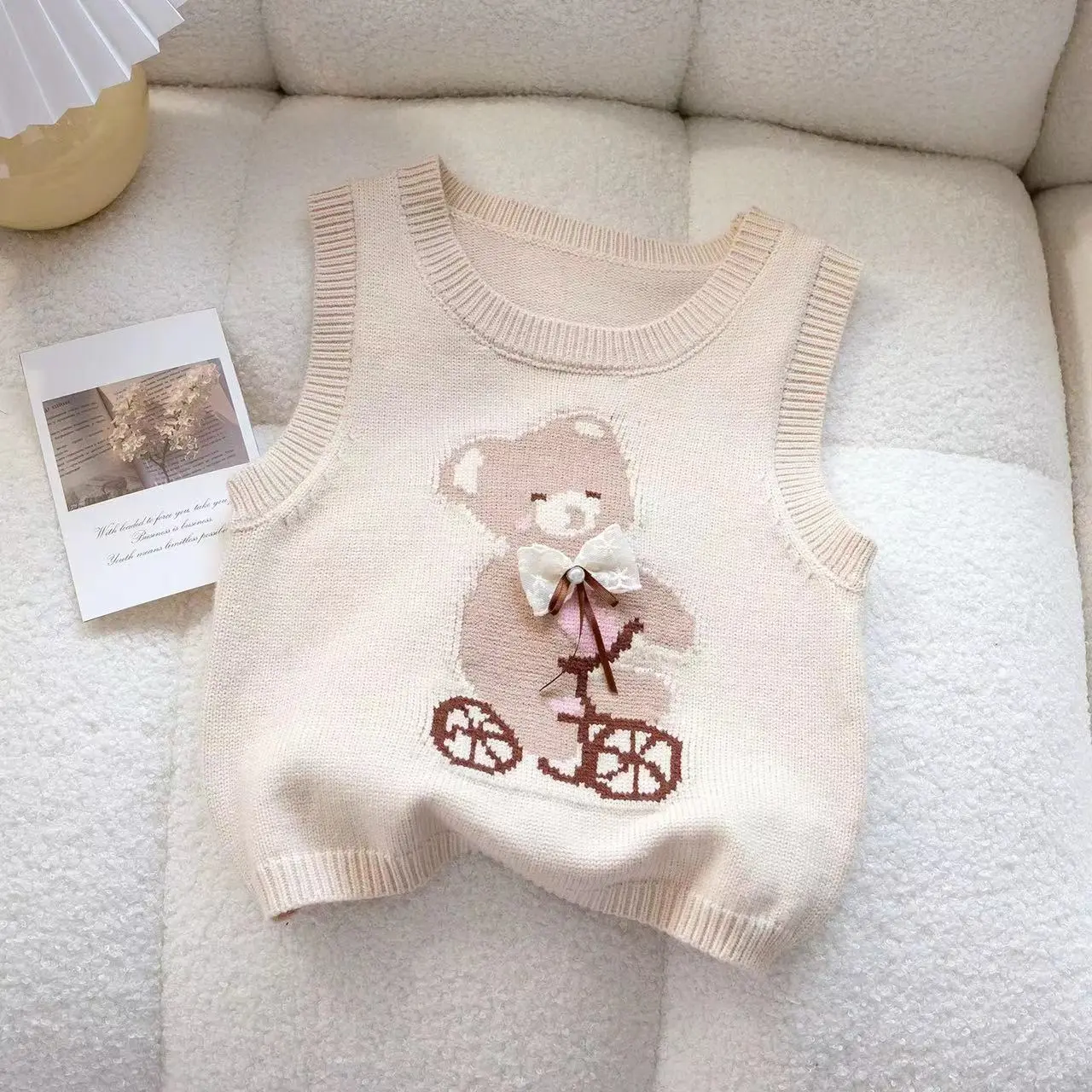 Girls 3pcs Set Sweet Knitted Waistcoat Shirt Cartoon Vest Pleated Skirt Autumn Children Kids Infants Outfit