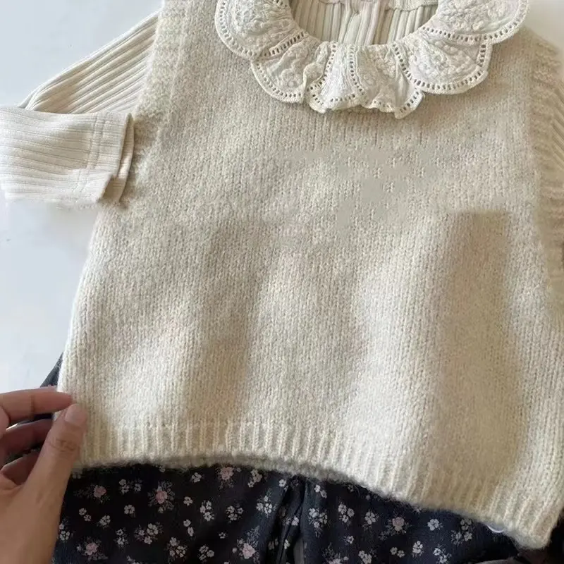 Girls Princess Sets Children Baby Kids Floral Lace Collar Shirt+ Knitted Vest+ Floral Wide-leg Pants 3pcs Suits