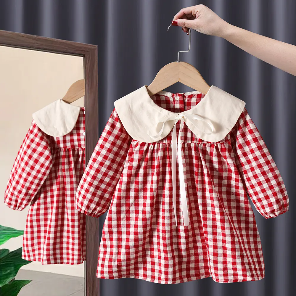 Girl's Sweet  Princess Dress Children Spring Autumn Baby Infants Bow Plaided Patchwork Party Dresses Vestidos Kids