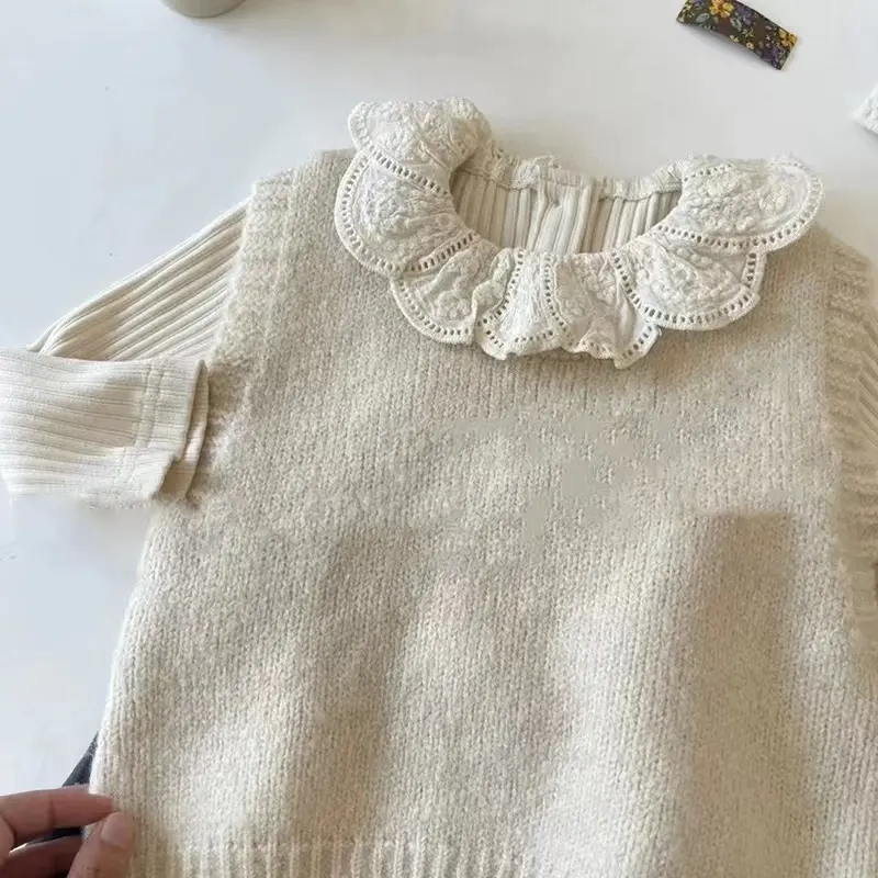 Girls Princess Sets Children Baby Kids Floral Lace Collar Shirt+ Knitted Vest+ Floral Wide-leg Pants 3pcs Suits