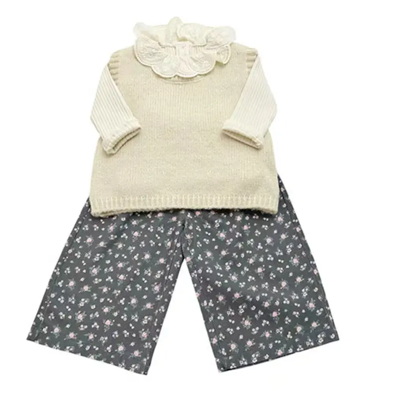 Girls Princess Sets Children Baby Kids Floral Lace Collar Shirt+ Knitted Vest+ Floral Wide-leg Pants 3pcs Suits